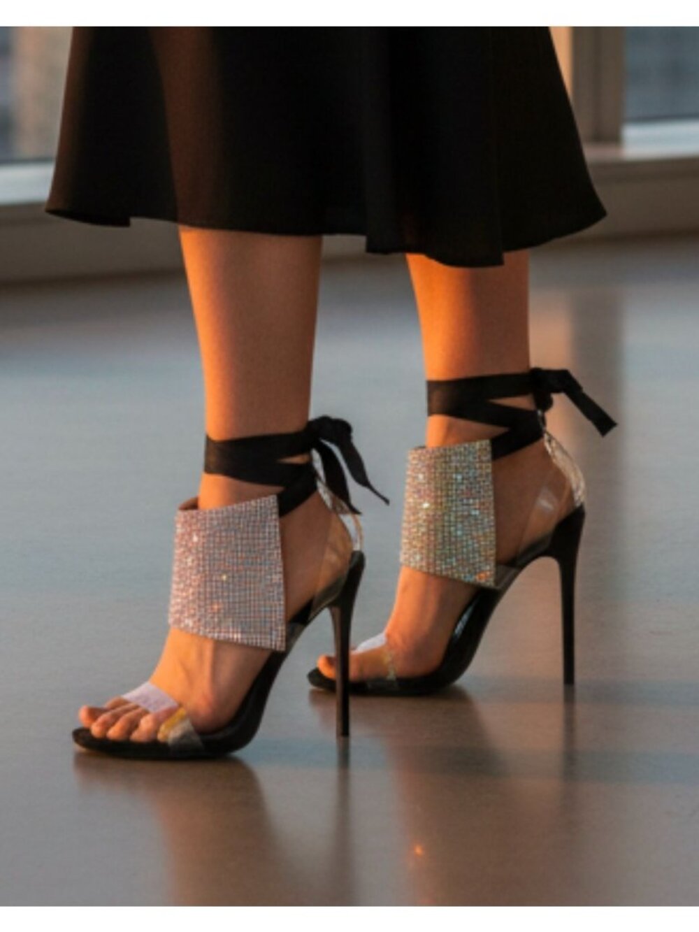 Black High Heel Sandals With Rhinestone Embellished Panels Clear Straps & Ribbon